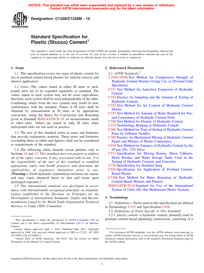 ASTM C1328/C1328M-12 - Standard Specification for  Plastic (Stucco) Cement