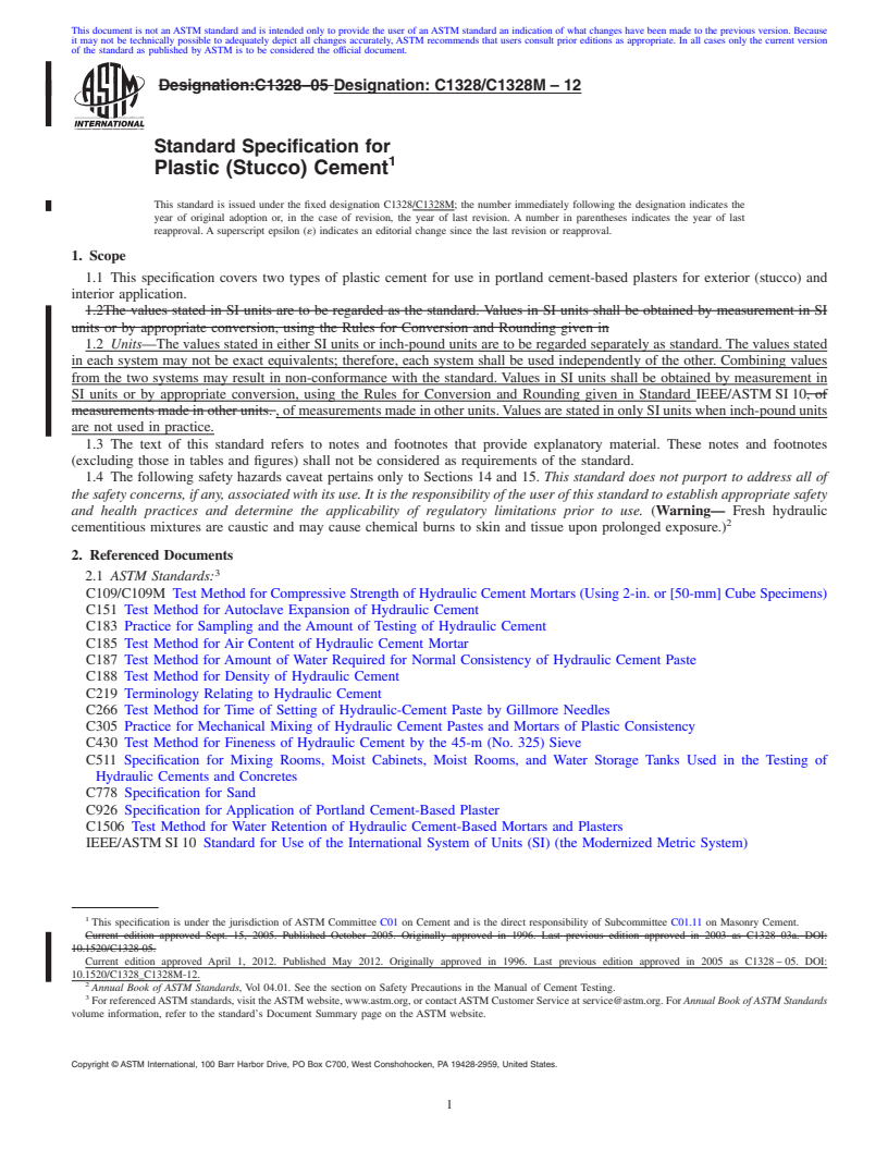 REDLINE ASTM C1328/C1328M-12 - Standard Specification for  Plastic (Stucco) Cement