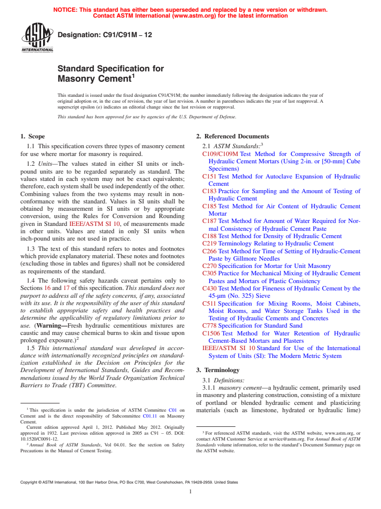 ASTM C91/C91M-12 - Standard Specification for  Masonry Cement