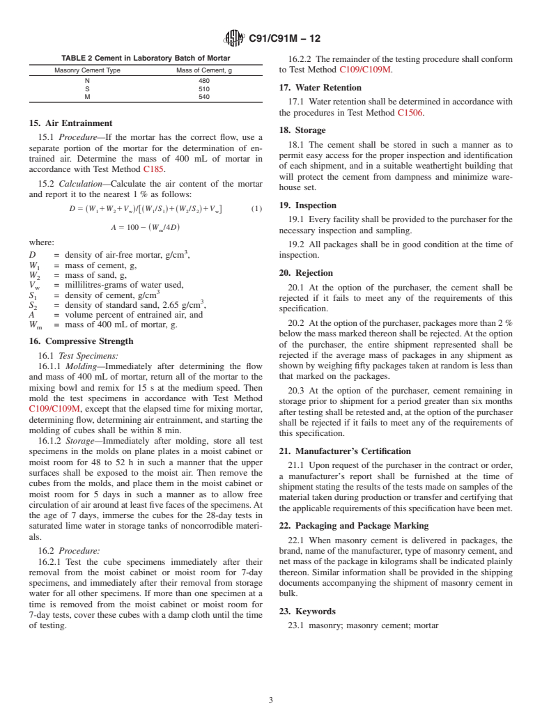 ASTM C91/C91M-12 - Standard Specification for  Masonry Cement