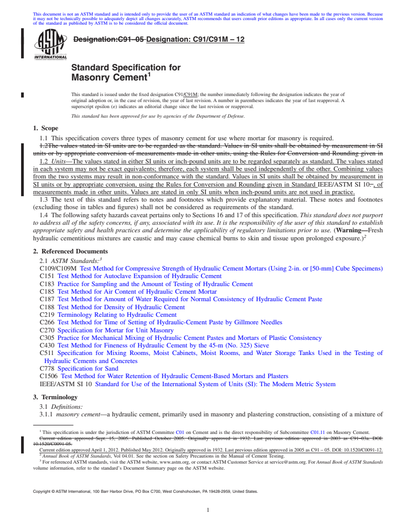 REDLINE ASTM C91/C91M-12 - Standard Specification for  Masonry Cement