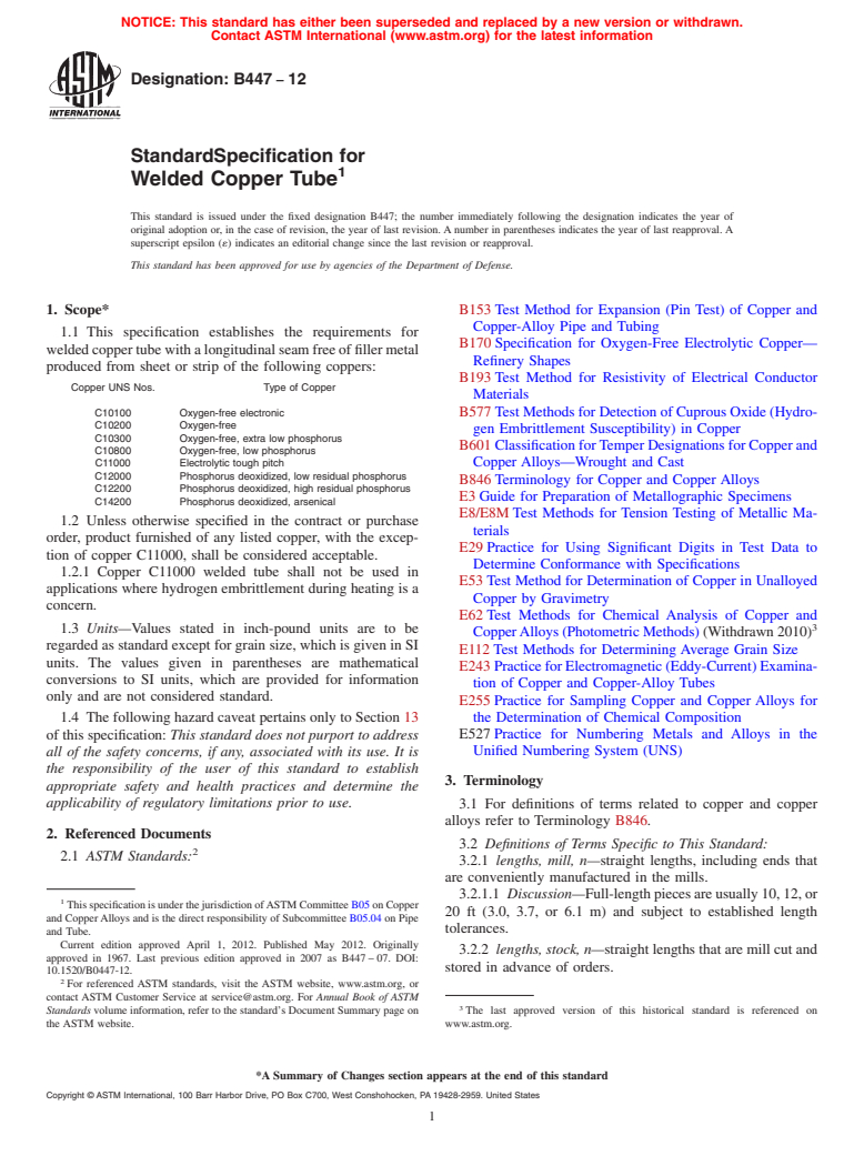 ASTM B447-12 - Standard Specification for  Welded Copper Tube