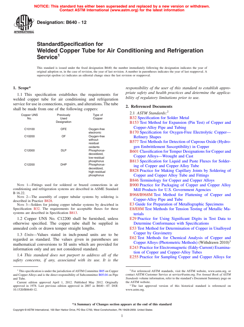 ASTM B640-12 - Standard Specification for Welded Copper Tube for Air Conditioning and Refrigeration Service