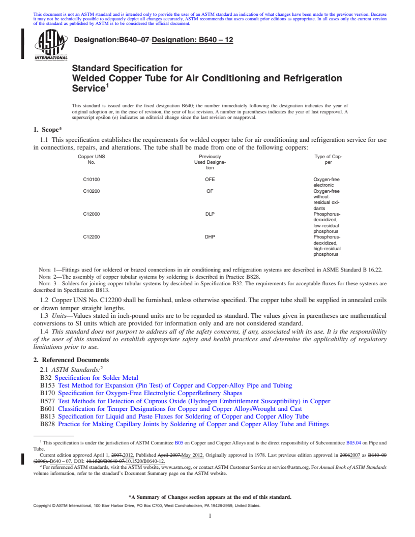 REDLINE ASTM B640-12 - Standard Specification for Welded Copper Tube for Air Conditioning and Refrigeration Service