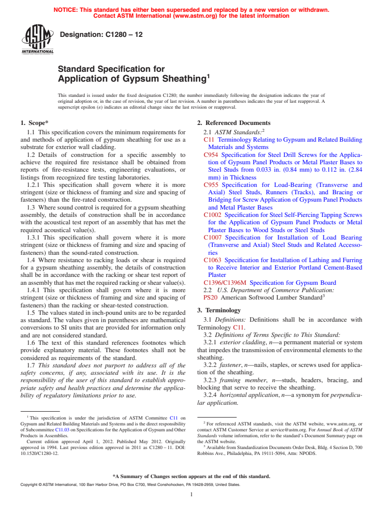 ASTM C1280-12 - Standard Specification for  Application of Gypsum Sheathing