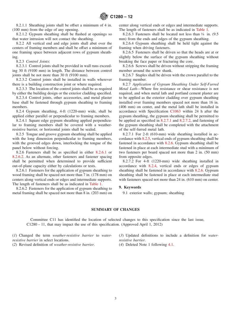 ASTM C1280-12 - Standard Specification for  Application of Gypsum Sheathing