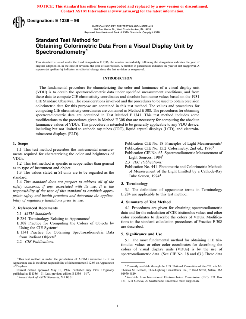 ASTM E1336-96 - Standard Test Method for Obtaining Colorimetric Data From a Visual Display Unit by Spectroradiometry