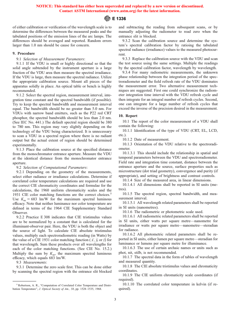 ASTM E1336-96 - Standard Test Method for Obtaining Colorimetric Data From a Visual Display Unit by Spectroradiometry