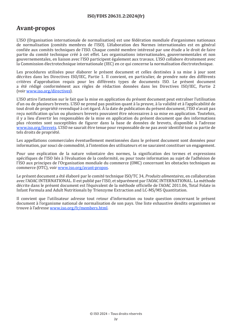 ISO 20631:2024 ISO 20631:2024 - Préparations pour nourrissons et produits nutritionnels pour adultes — Détermination de la teneur en folates totaux par extraction trienzymatique et chromatographie liquide à ultra performance (CLUHP) couplée à une spectrométrie de masse en tandem (SM/SM)
Released:8. 05. 2024 - Page 4 preview