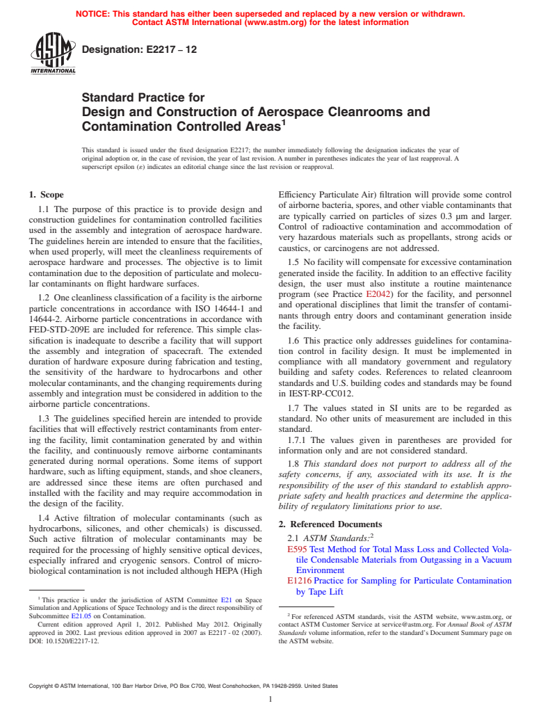 ASTM E2217-12 - Standard Practice for Design and Construction of Aerospace Cleanrooms and Contamination Controlled Areas