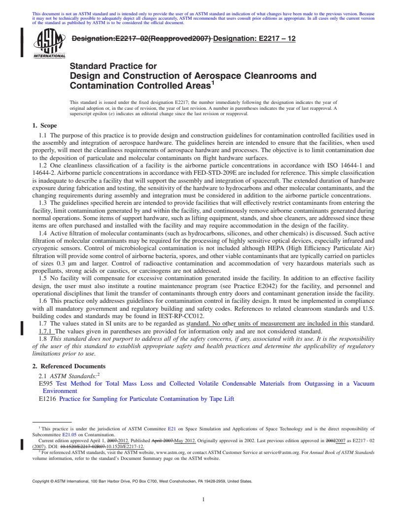 REDLINE ASTM E2217-12 - Standard Practice for Design and Construction of Aerospace Cleanrooms and Contamination Controlled Areas