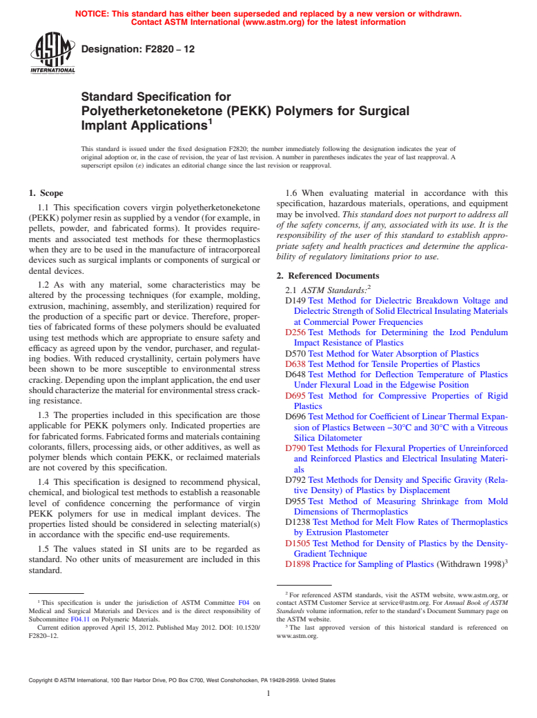 ASTM F2820-12 - Standard Specification for Polyetherketoneketone (PEKK) Polymers for Surgical Implant Applications