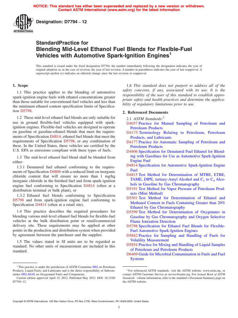 ASTM D7794-12 - Standard Practice for Blending Mid-Level Ethanol Fuel Blends for Flexible-Fuel Vehicles with Automotive Spark-Ignition Engines