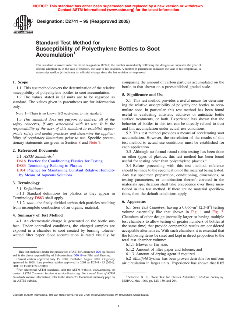 ASTM D2741-95(2005) - Standard Test Method for Susceptibility of Polyethylene Bottles to Soot Accumulation (Withdrawn 2011)