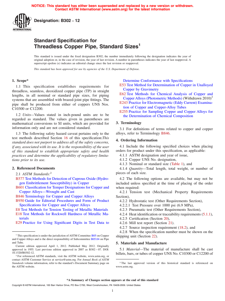 ASTM B302-12 - Standard Specification for Threadless Copper Pipe, Standard Sizes