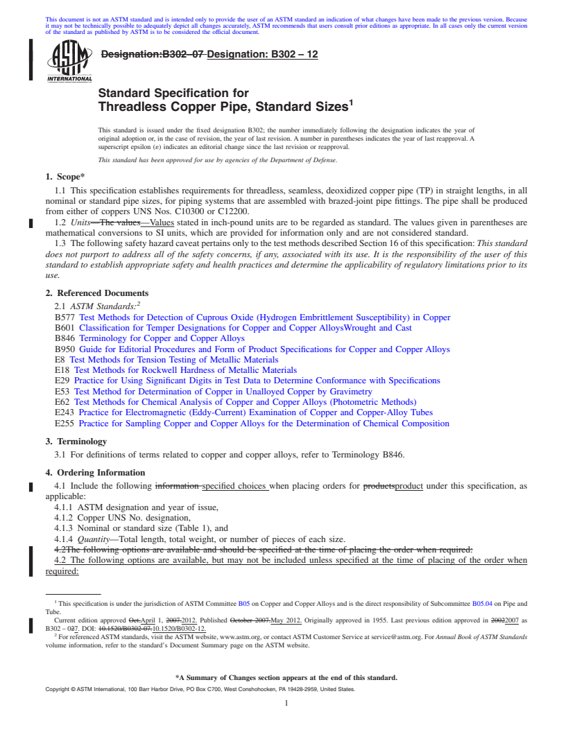 REDLINE ASTM B302-12 - Standard Specification for Threadless Copper Pipe, Standard Sizes