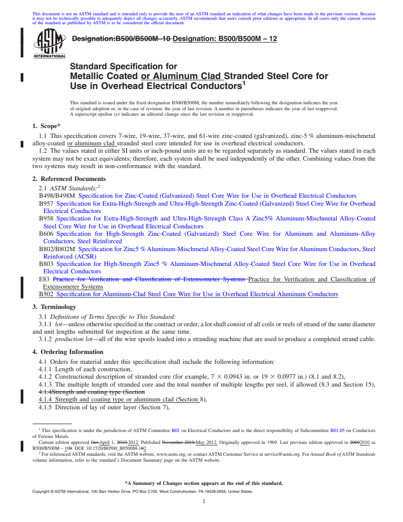 REDLINE ASTM B500/B500M-12 - Standard Specification for  Metallic Coated or Aluminum Clad Stranded Steel Core for Use in Overhead Electrical Conductors
