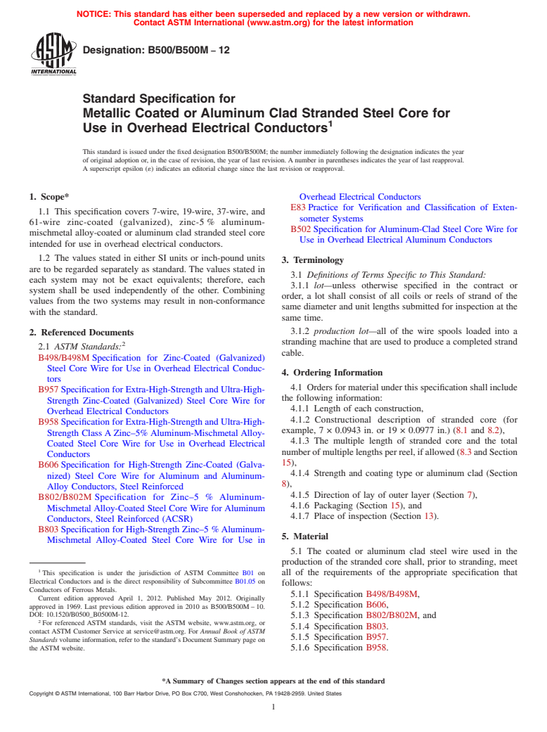 ASTM B500/B500M-12 - Standard Specification for  Metallic Coated or Aluminum Clad Stranded Steel Core for Use in Overhead Electrical Conductors