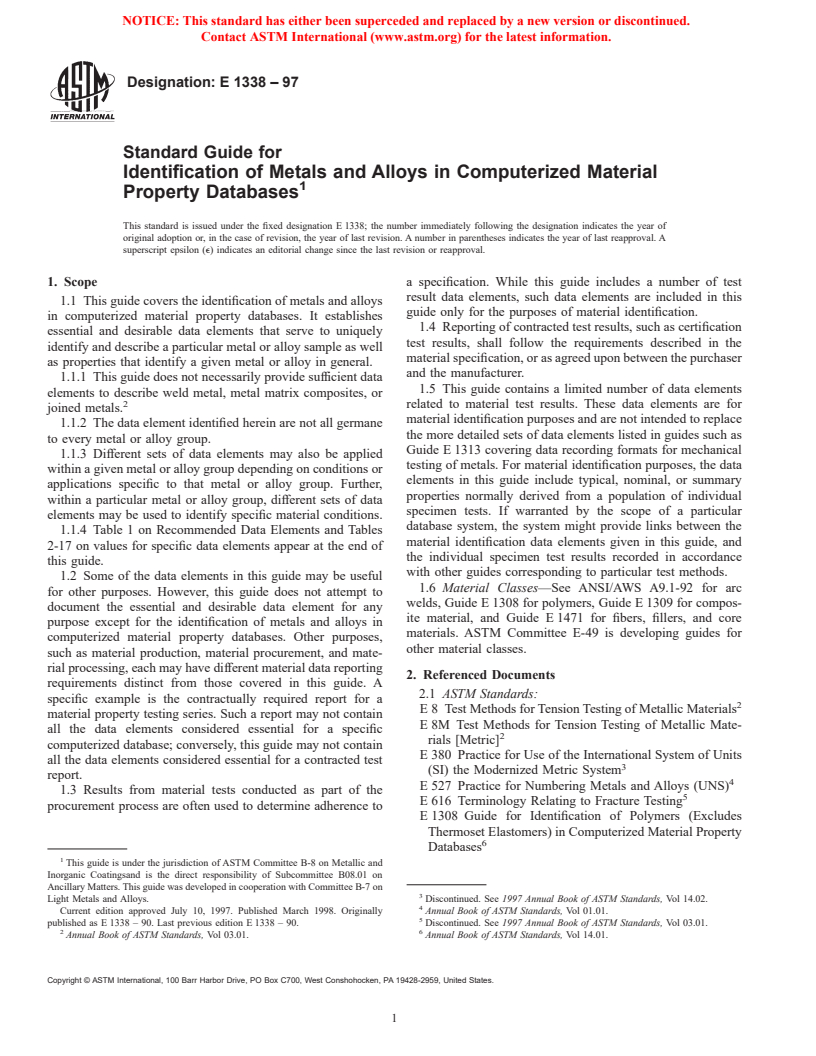 ASTM E1338-97 - Standard Guide for The Identification of Metals and Alloys in Computerized Material Property Databases