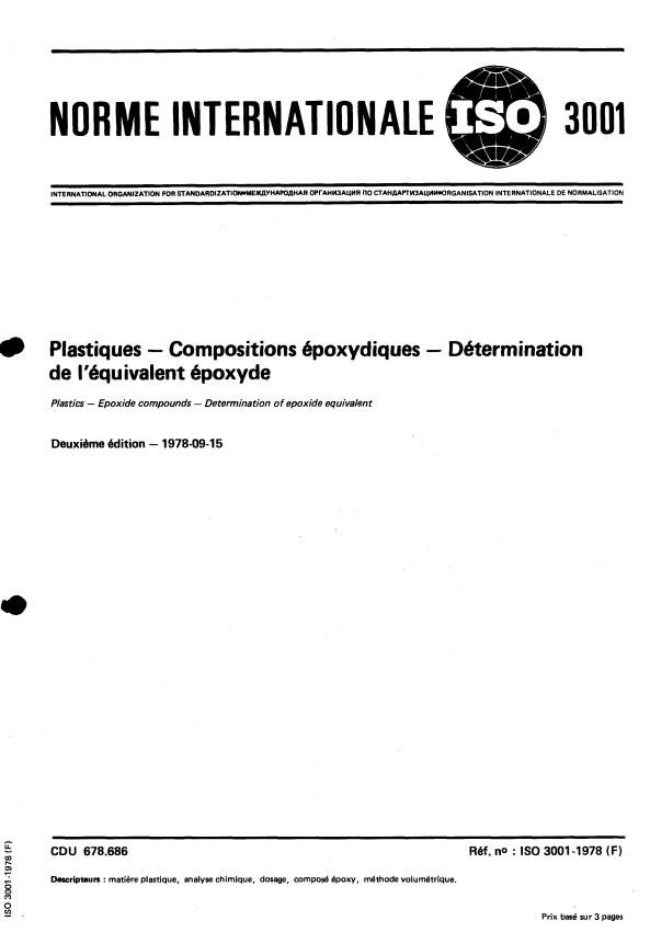 ISO 3001:1978 - Plastiques -- Compositions époxydiques -- Détermination de l'équivalent époxyde