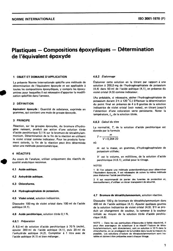 ISO 3001:1978 - Plastiques -- Compositions époxydiques -- Détermination de l'équivalent époxyde