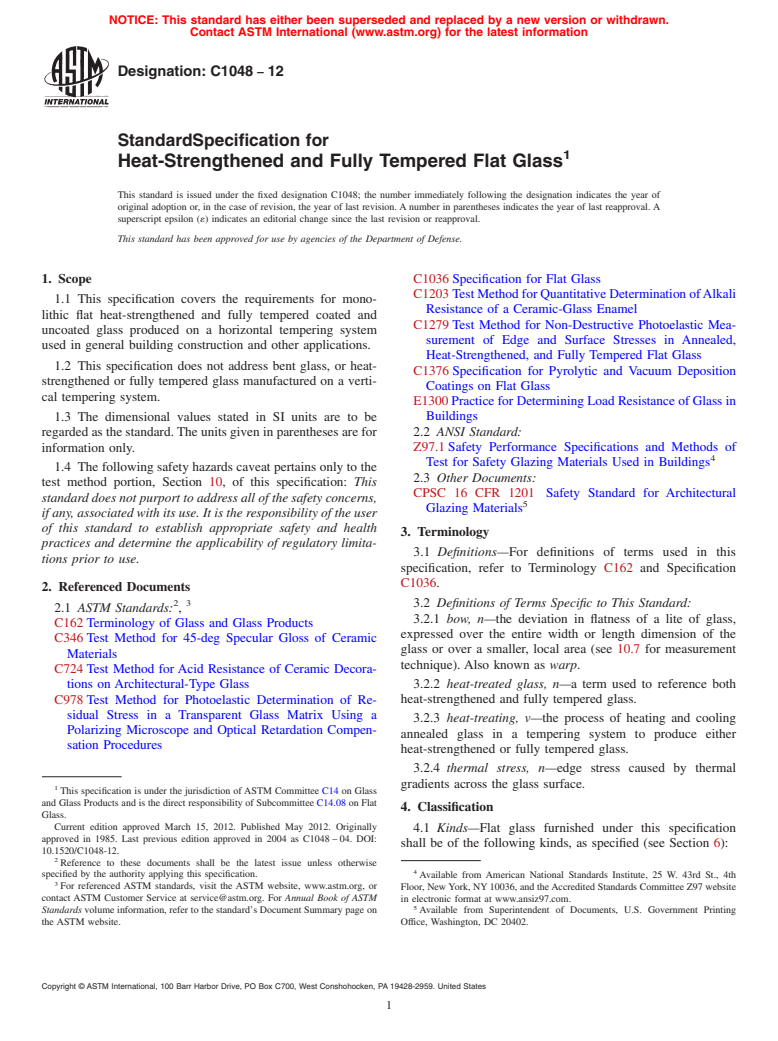 ASTM C1048-12 - Standard Specification for  Heat-Strengthened and Fully Tempered Flat Glass