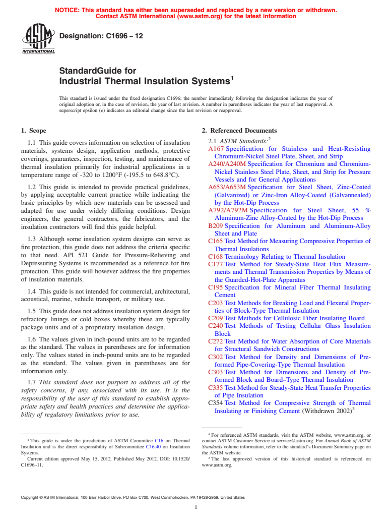 ASTM C1696-12 - Standard Guide for Industrial Thermal Insulation Systems