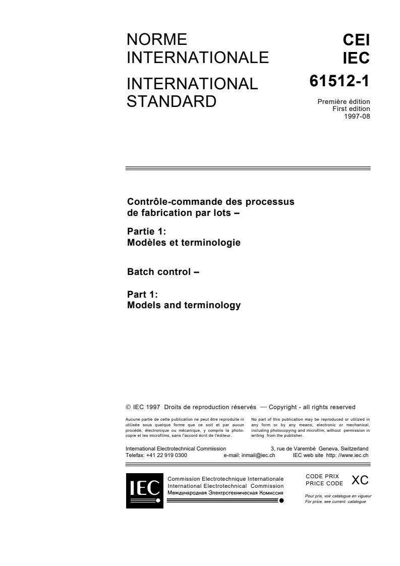IEC 61512-1:1997 - Batch control - Part 1: Models and terminology