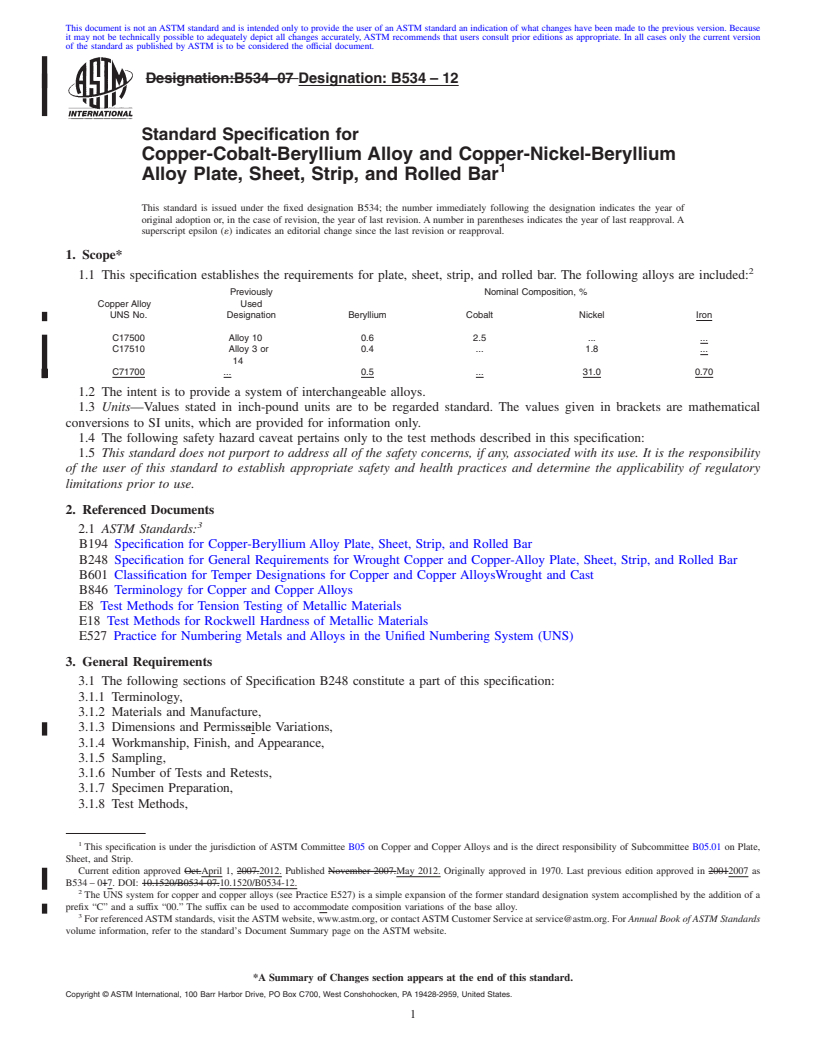 REDLINE ASTM B534-12 - Standard Specification for Copper-Cobalt-Beryllium Alloy and Copper-Nickel-Beryllium Alloy Plate, Sheet, Strip, and Rolled Bar