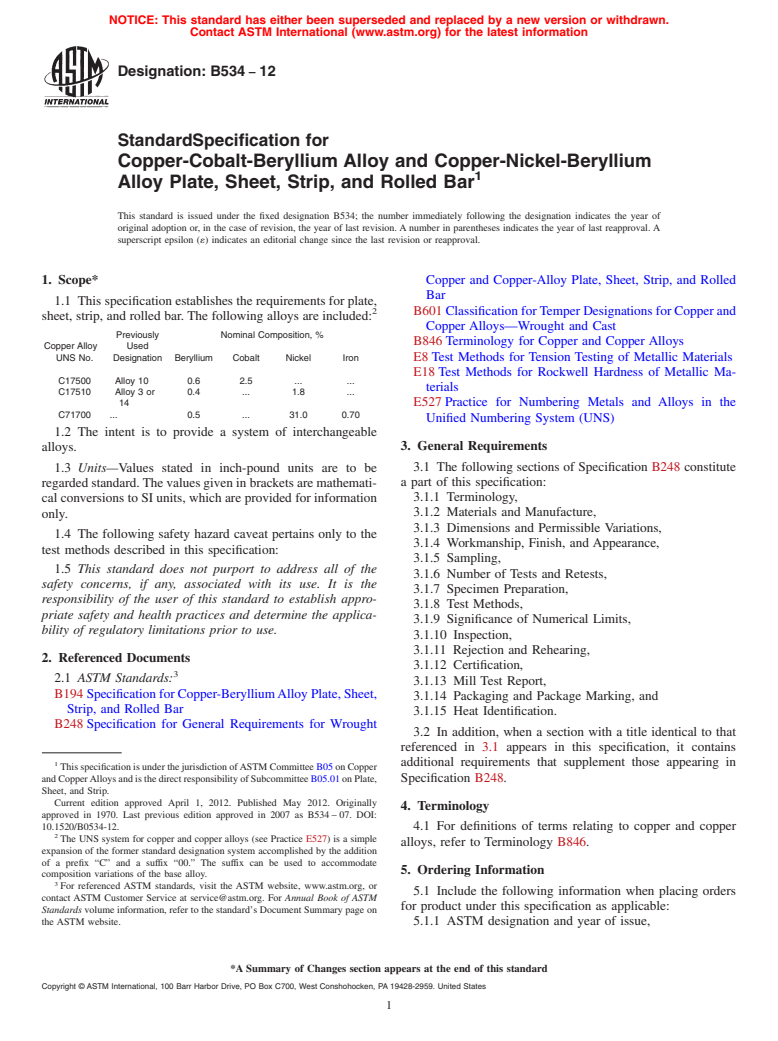 ASTM B534-12 - Standard Specification for Copper-Cobalt-Beryllium Alloy and Copper-Nickel-Beryllium Alloy Plate, Sheet, Strip, and Rolled Bar