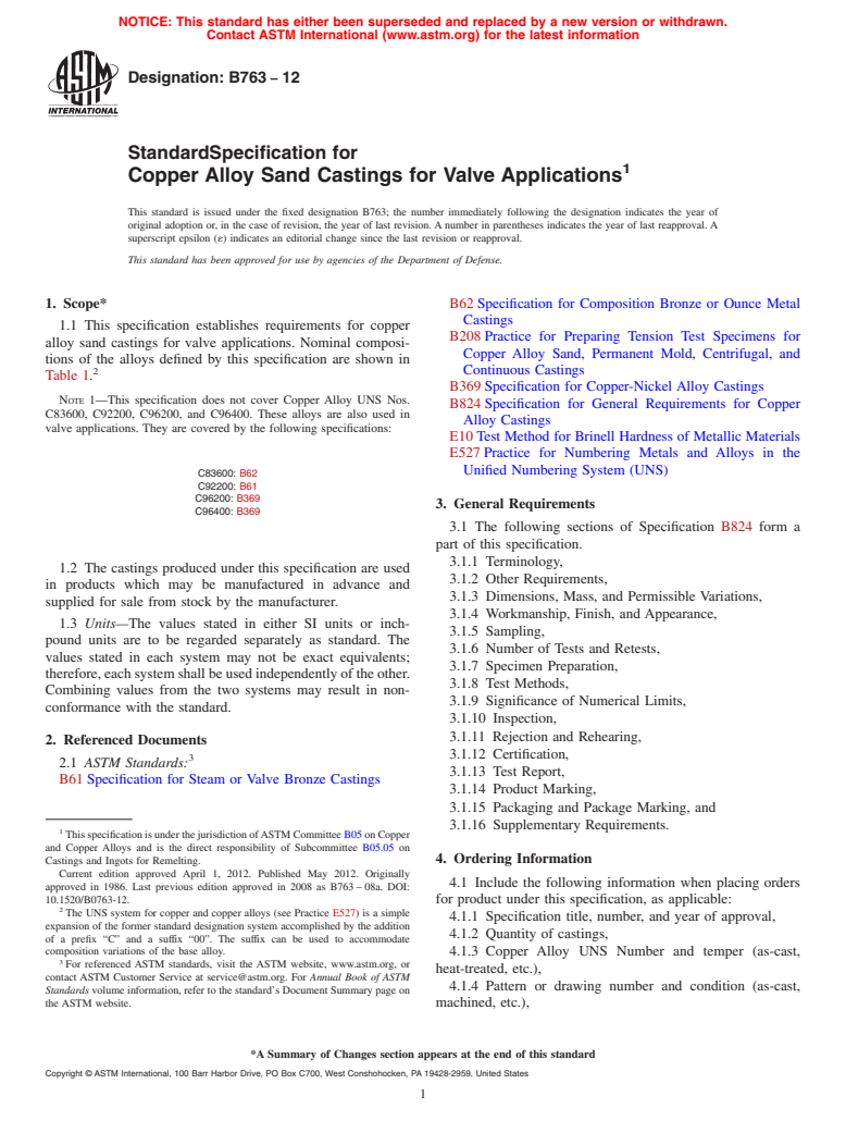 ASTM B763-12 - Standard Specification for Copper Alloy Sand Castings for Valve Applications