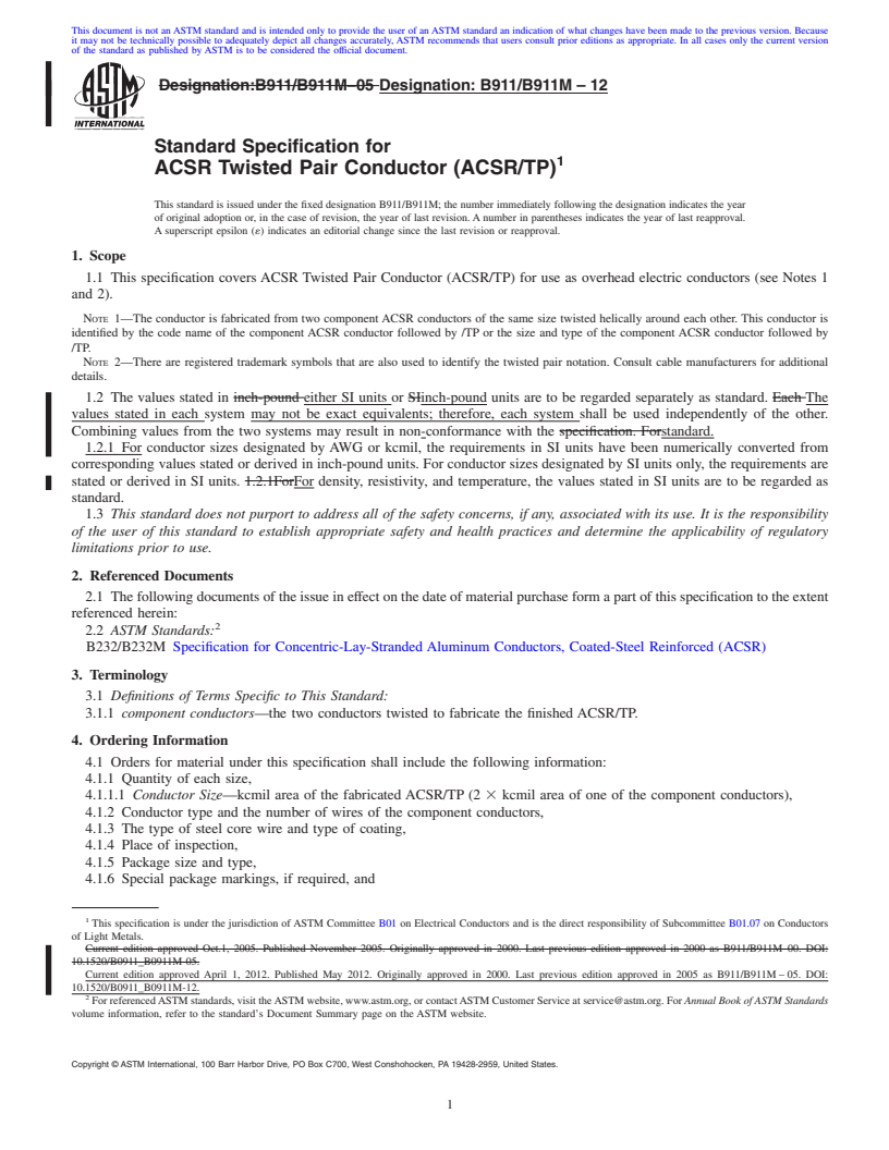 REDLINE ASTM B911/B911M-12 - Standard Specification for ACSR Twisted Pair Conductor (ACSR/TP)