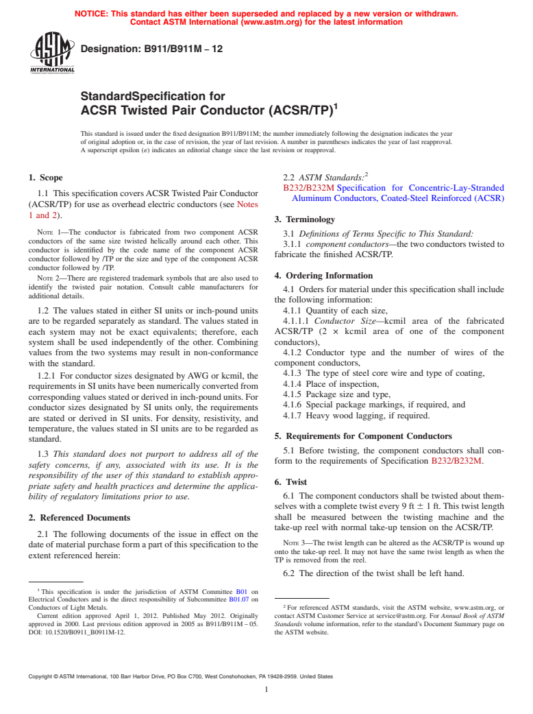 ASTM B911/B911M-12 - Standard Specification for ACSR Twisted Pair Conductor (ACSR/TP)