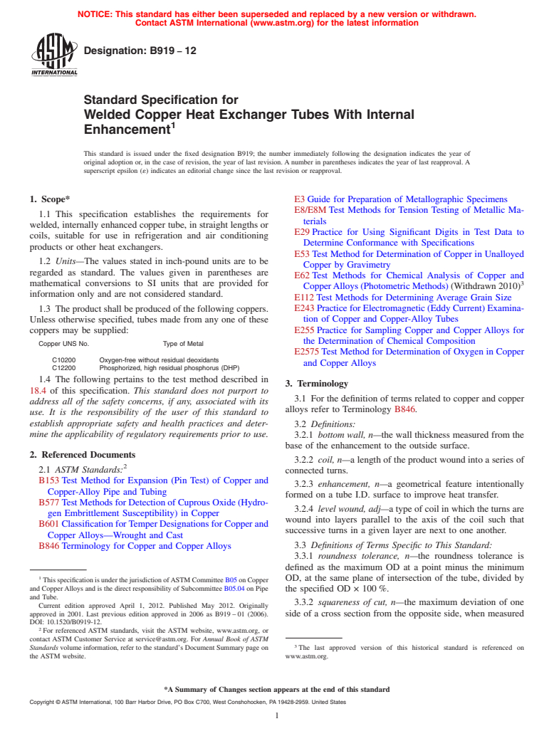 ASTM B919-12 - Standard Specification for Welded Copper Heat Exchanger Tubes With Internal Enhancement