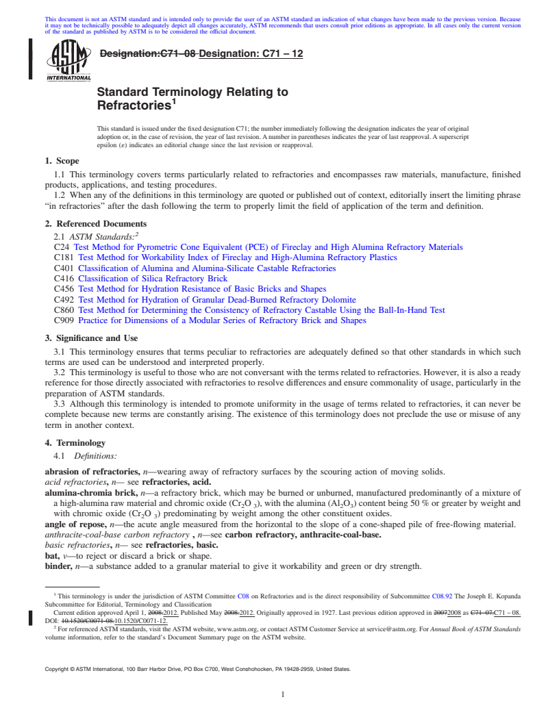 REDLINE ASTM C71-12 - Standard Terminology Relating to  Refractories