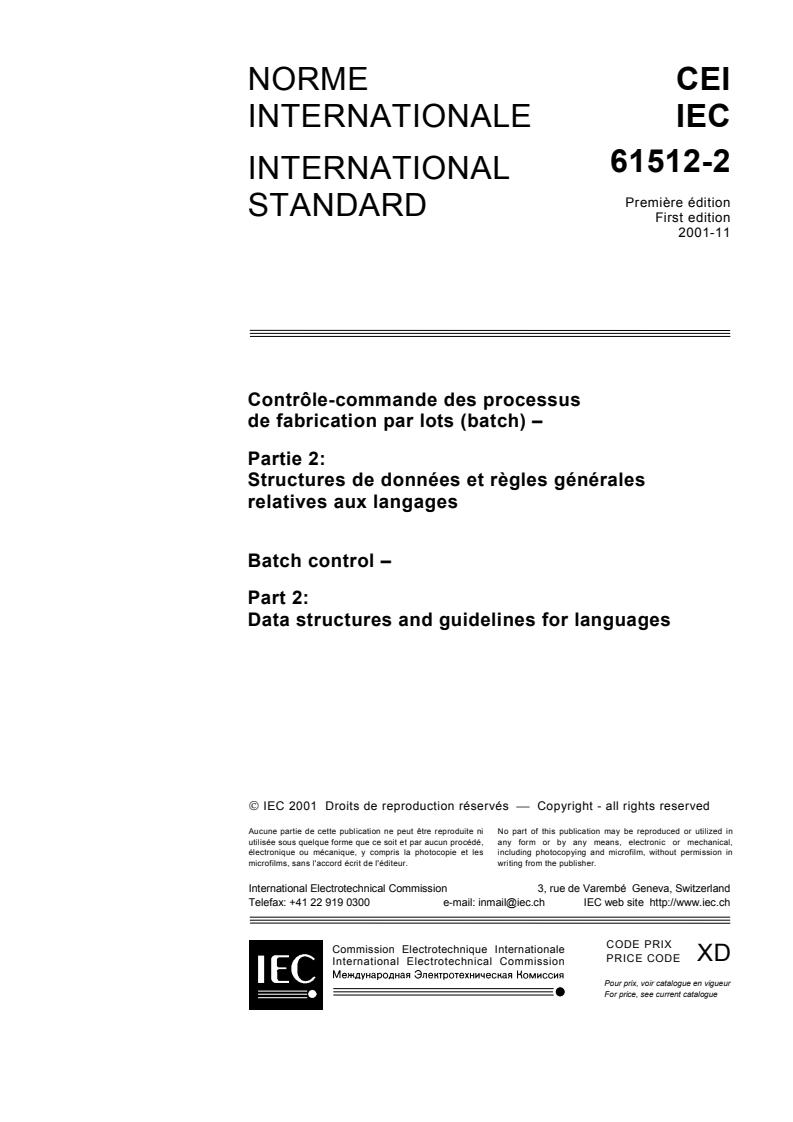 IEC 61512-2:2001 - Batch control - Part 2: Data structures and guidelines for languages