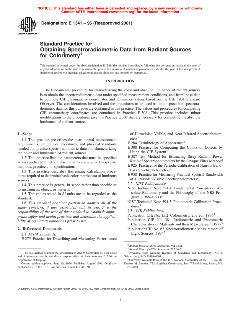 ASTM E1341-96(2001) - Standard Practice for Obtaining Spectroradiometric Data from Radiant Sources for Colorimetry