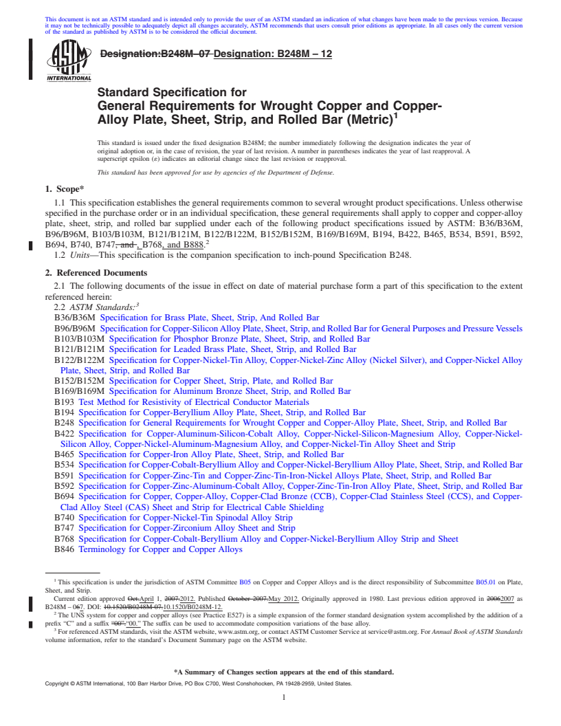 REDLINE ASTM B248M-12 - Standard Specification for General Requirements for Wrought Copper and Copper-Alloy Plate, Sheet,  Strip, and Rolled Bar (Metric)