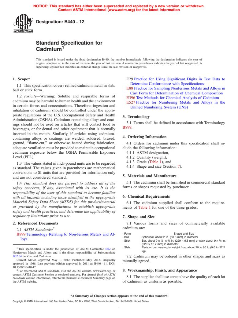 ASTM B440-12 - Standard Specification for  Cadmium