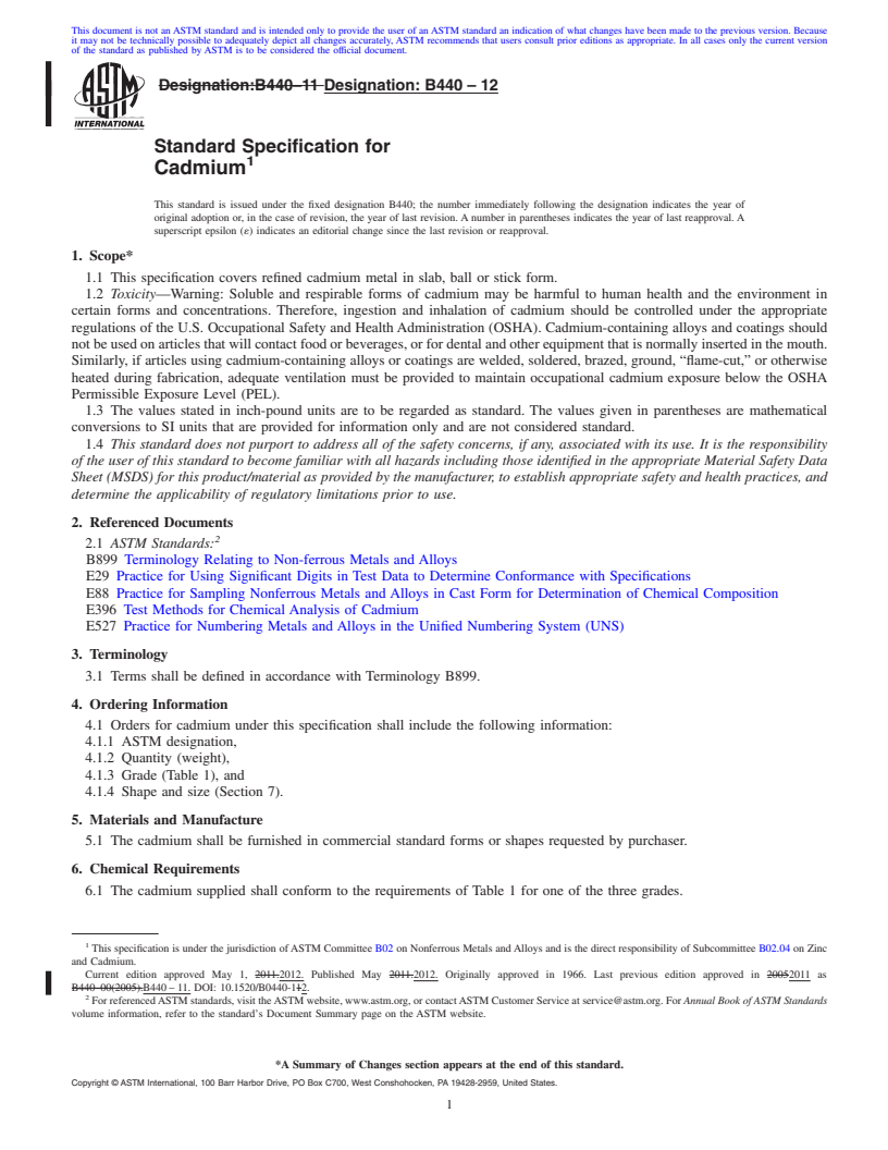 REDLINE ASTM B440-12 - Standard Specification for  Cadmium