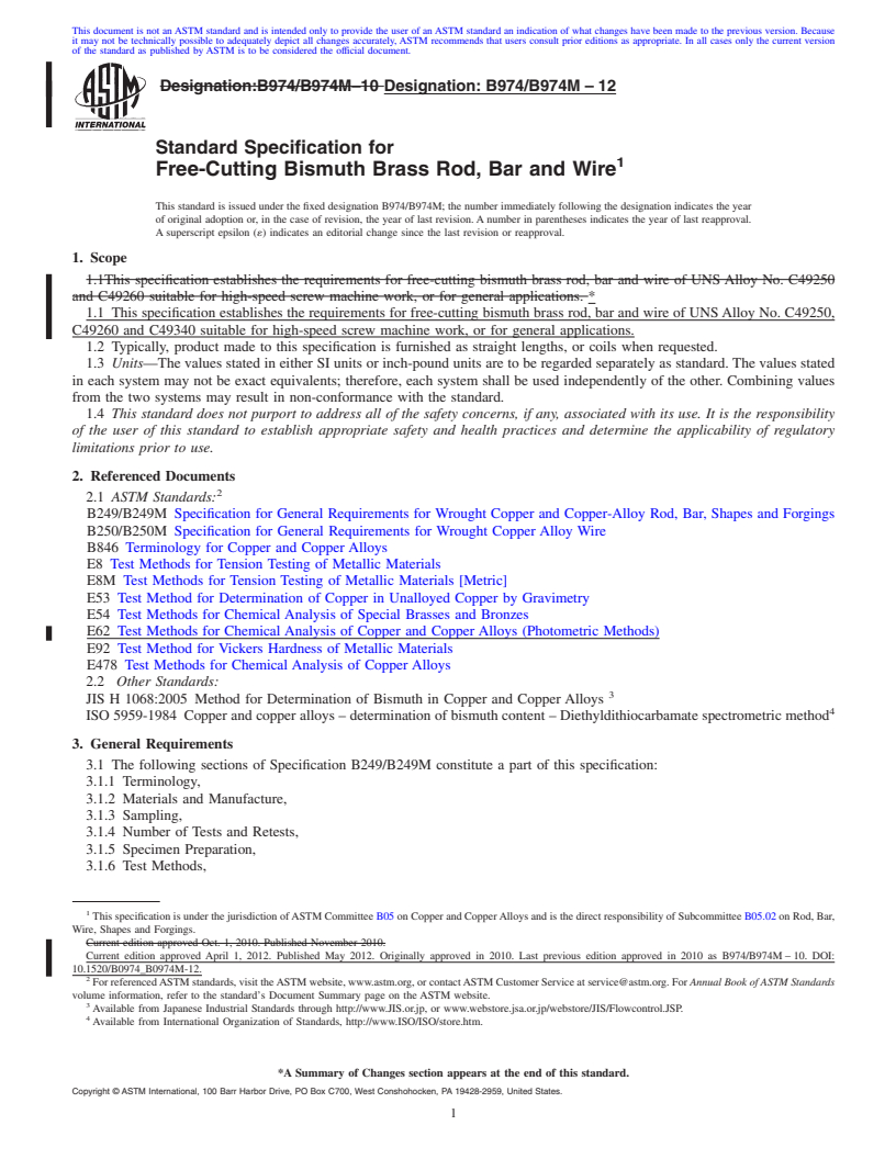 REDLINE ASTM B974/B974M-12 - Standard Specification for Free-Cutting Bismuth Brass Rod, Bar and Wire