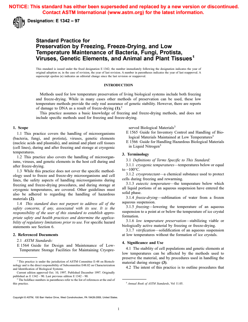 ASTM E1342-97 - Standard Practice for Preservation by Freezing, Freeze-Drying, and Low Temperature Maintenance of Bacteria, Fungi, Protista, Viruses, Genetic Elements, and Animal and Plant Tissues