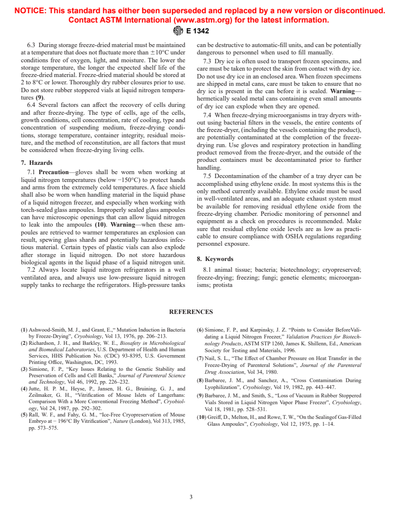 ASTM E1342-97 - Standard Practice for Preservation by Freezing, Freeze-Drying, and Low Temperature Maintenance of Bacteria, Fungi, Protista, Viruses, Genetic Elements, and Animal and Plant Tissues