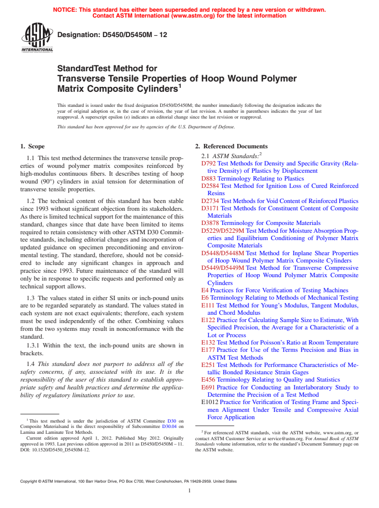 ASTM D5450/D5450M-12 - Standard Test Method for Transverse Tensile Properties of Hoop Wound Polymer Matrix Composite Cylinders