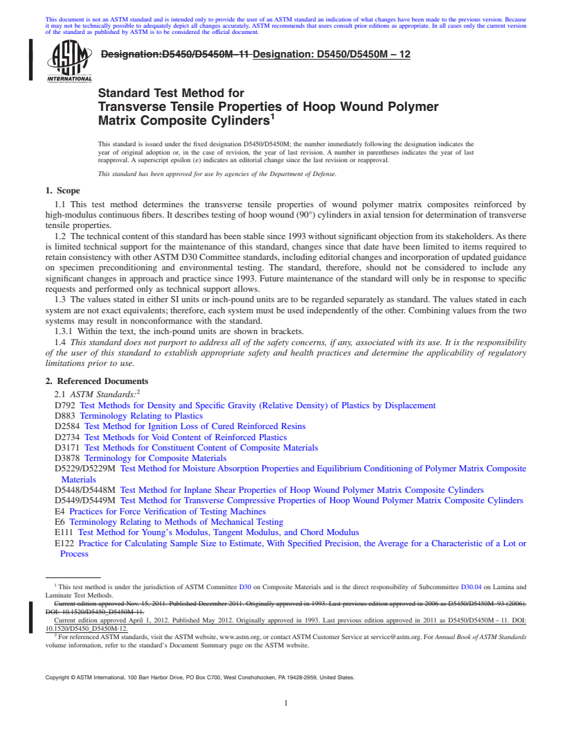 REDLINE ASTM D5450/D5450M-12 - Standard Test Method for Transverse Tensile Properties of Hoop Wound Polymer Matrix Composite Cylinders