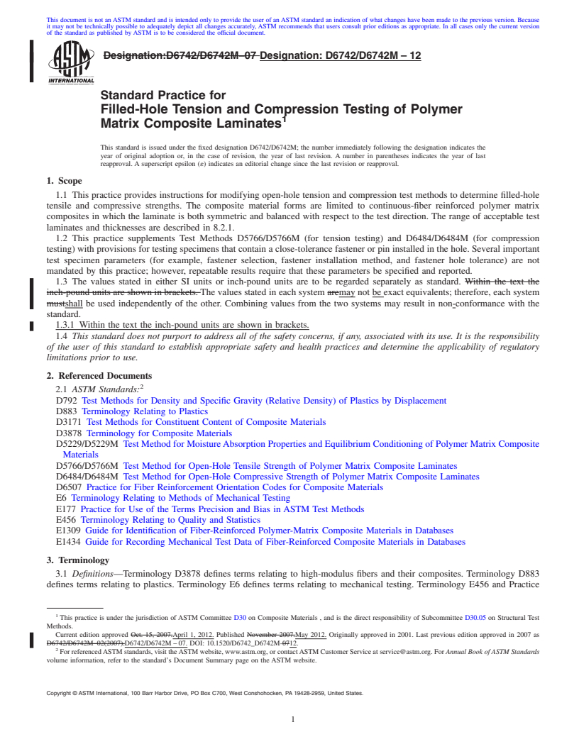 REDLINE ASTM D6742/D6742M-12 - Standard Practice for Filled-Hole Tension and Compression Testing of Polymer Matrix Composite Laminates