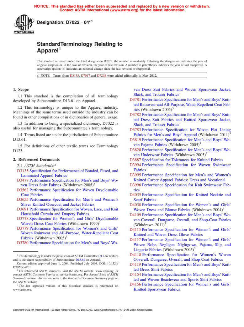 ASTM D7022-04e1 - Standard Terminology Relating to Apparel (Withdrawn 2013)