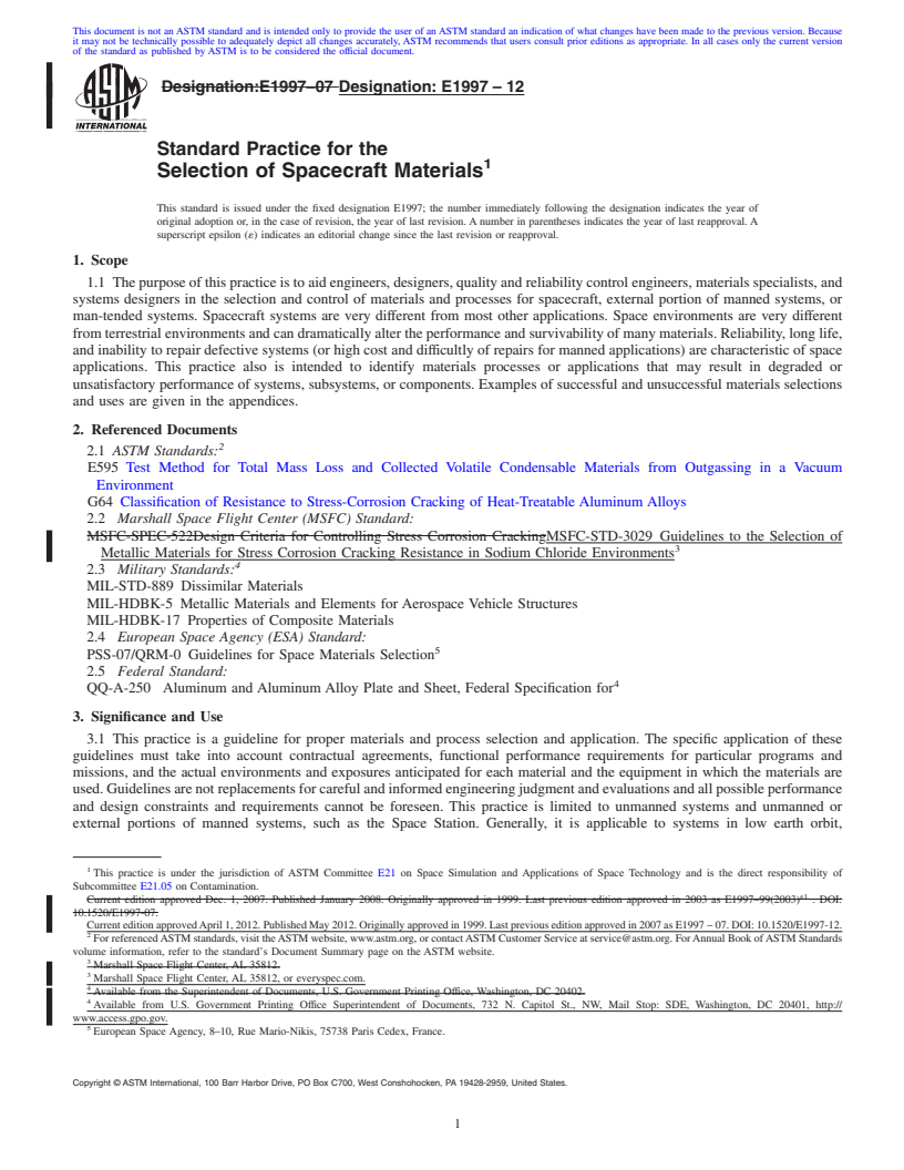 REDLINE ASTM E1997-12 - Standard Practice for the Selection of Spacecraft Materials