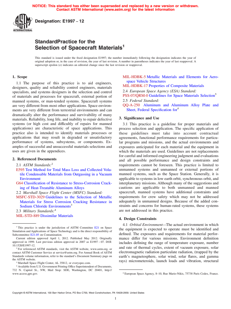 ASTM E1997-12 - Standard Practice for the Selection of Spacecraft Materials