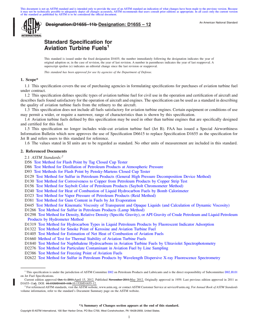 REDLINE ASTM D1655-12 - Standard Specification for Aviation Turbine Fuels